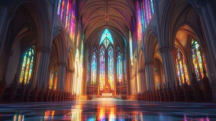 Fototapeta premium Interior of a Majestic Cathedral Illuminated by Vibrant Sunlight Through Stained Glass Windows, Casting Colorful Reflections on the Floor, Creating a Spiritual and Serene Atmosphere