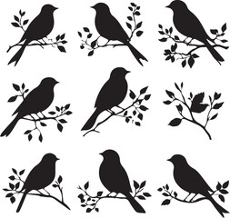 Birds Set on branches black graphic birds