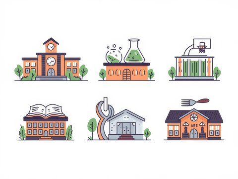 Six Illustrated Buildings Representing Different Academic Disciplines