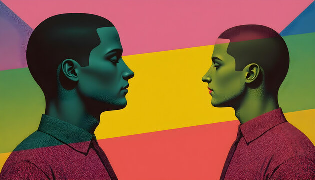 Fondo de colores a franjas con la silueta de dos hombres. Ilustraci&oacute;n pop