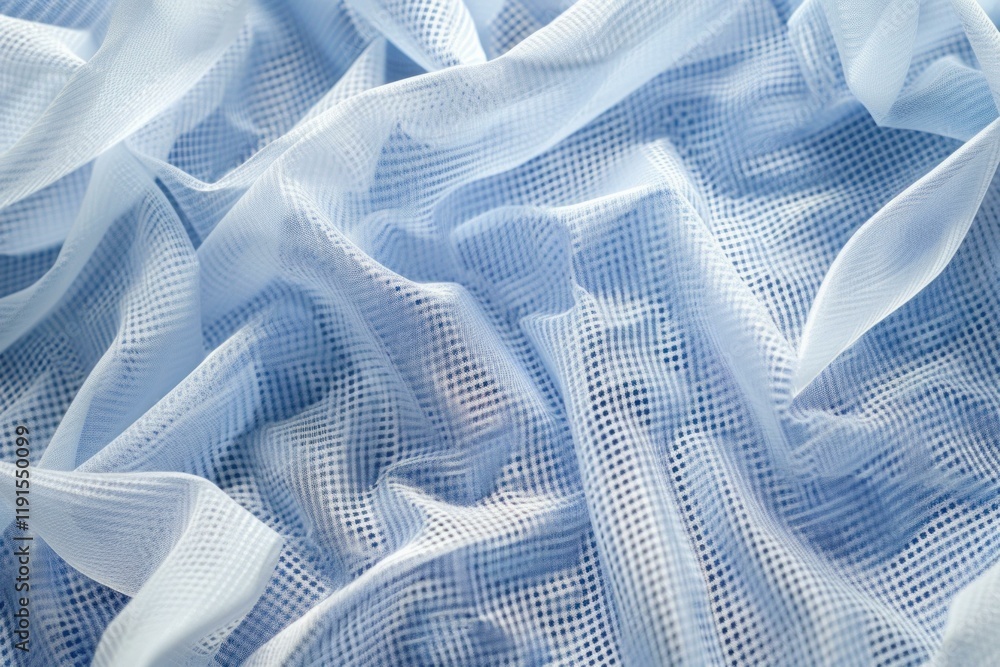 Poster close up of light blue, checkered fabric draped in soft folds, creating an abstract textured backgro