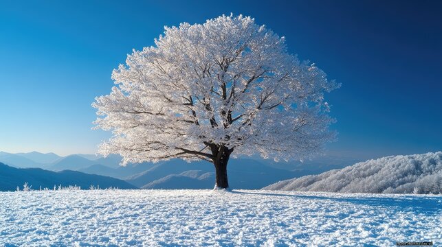 Frosty Winter Tree Stands Alone On Snowy Mountaintop
