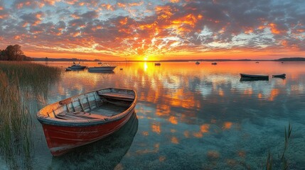 Boats at Rest during a Fiery Sunset over Calm Water