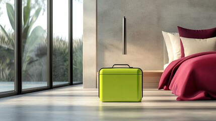 A vibrant green suitcase beside a cozy bed in a modern, minimalist bedroom.