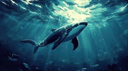 Fototapeta premium Whale Ascending Through Sunlit Ocean Depths