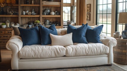 Fototapeta premium Comfortable living room with cream sofa and decorative blue cushions in a cozy interior