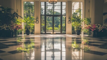 Luxurious Lobby with Large Windows and Floral Arrangements