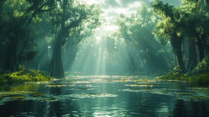 Obraz premium Sunlit Swamp River Through Lush Green Forest Canopy