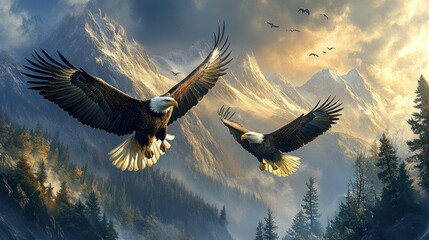 Obraz premium A majestic image of Bald Eagles soaring over a mountain backdrop, symbolizing freedom and leadership in honor of Presidents' Day 