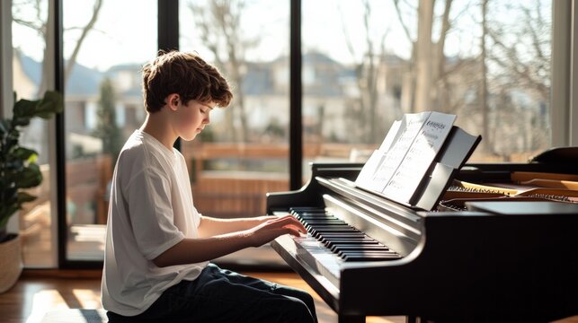 Young boy practicing piano and reading sheet music in front of a large window, immersed in his passion for music while developing skills and enjoying a serene moment at home