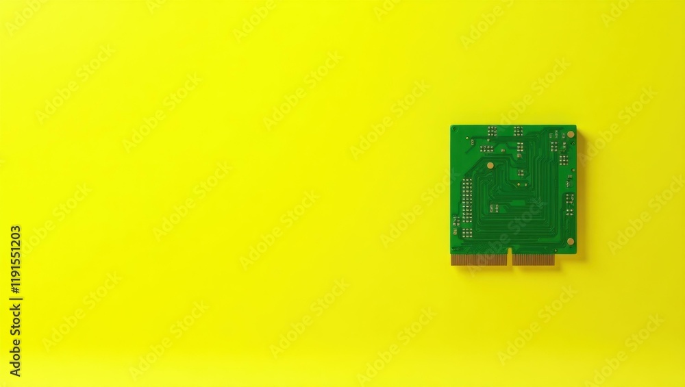 Fototapete green circuit board piece on left. soft red background. copy space for text, 3d render ai generated 
