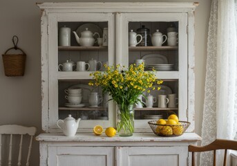 Vintage white cabinet, yellow flowers in vase, rustic kitchen decor, teapots and dishes, lemon fruit bowl, woven basket, shabby chic style, soft natural lighting, cozy home atmosphere, farmhouse aesth