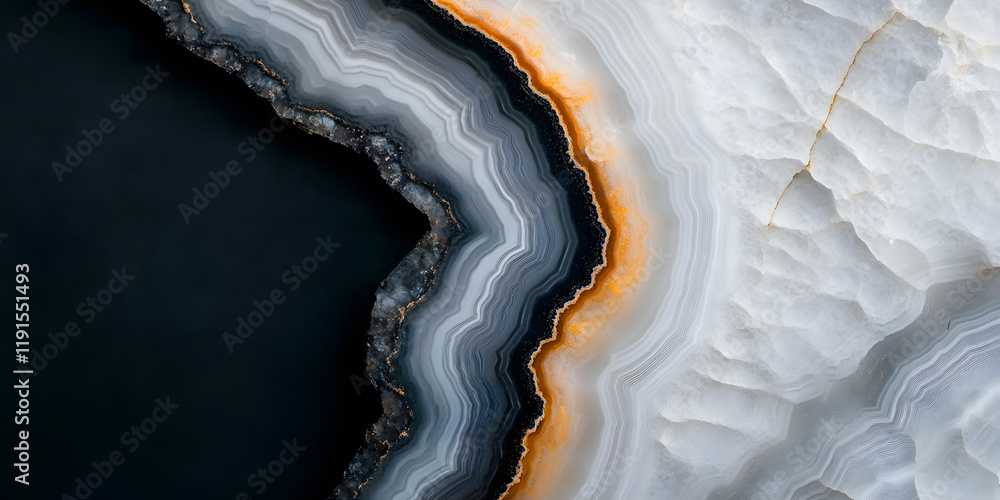 Poster intricate patterns and textures of a polished gemstone, showcasing a blend of dark and light hues wi