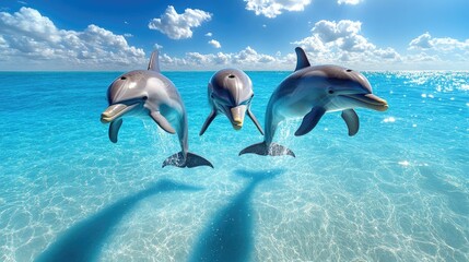 Three Dolphins Leap Joyfully In Ocean Water