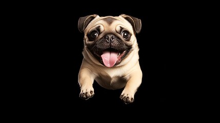 Obraz premium Energetic Pug Dog Joyfully Jumping with Tongue Out and Wide Eyes, Showcasing Pure Happiness and Playfulness on a Minimalist Black Background, Perfect for Pet and Animal Enthusiasts