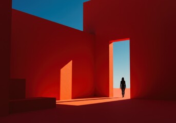 Surreal architecture, red geometric walls, blue sky, silhouette figure, dramatic shadows, high contrast, minimalist composition, abstract doorways, mysterious atmosphere, optical illusion, vivid color