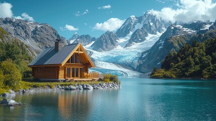 Fototapeta premium Mountain Cabin Lakeside Glacial View Stunning Scenery