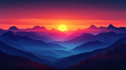 Sunrise over majestic mountain range with vibrant colors in the sky and desert landscape