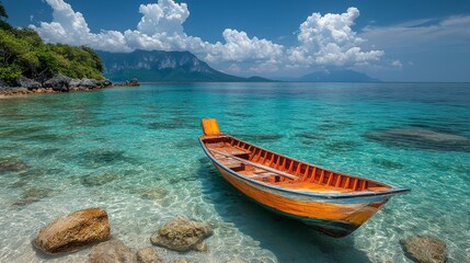 Naklejka premium Rowing boat anchored on a serene beach with lush mountains and clear blue waters