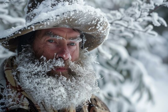 Hunter with frozen beard and hat covered in snow braving extreme cold in winter forest