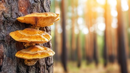 Golden mushrooms grow stacked on a tree trunk