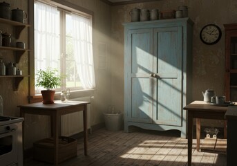 Cozy vintage kitchen, morning sunlight, rustic wooden table, potted plant, pastel blue refrigerator, open window, shadows on floor, shelves with jars, warm atmosphere, nostalgic, detailed rendering, s