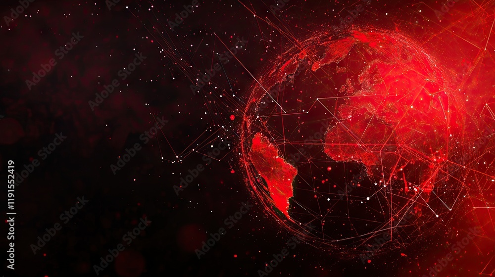 Poster a highly detailed red globe with interconnected digital pathways, representing global technology net