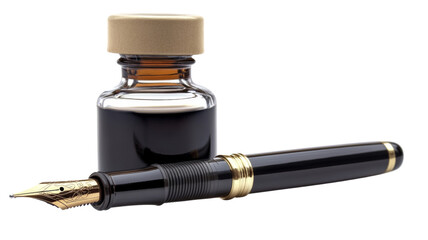 Glass ink bottle with pen, isolated on transparent background