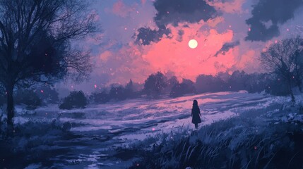 Fototapeta premium Solitary Figure In Winter Landscape Underneath a Pink Sky