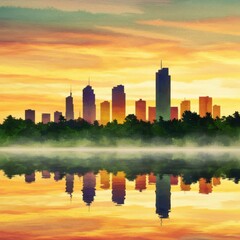 Obraz premium Cityscape at dawn, skyscrapers silhouette, golden sky, reflective lake, misty morning fog, urban skyline, tranquil water surface, warm color palette, panoramic view, peaceful atmosphere, digital paint