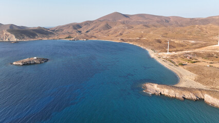 Aerial drone photo of picturesque and historic main village of Psara island featuring landmark...