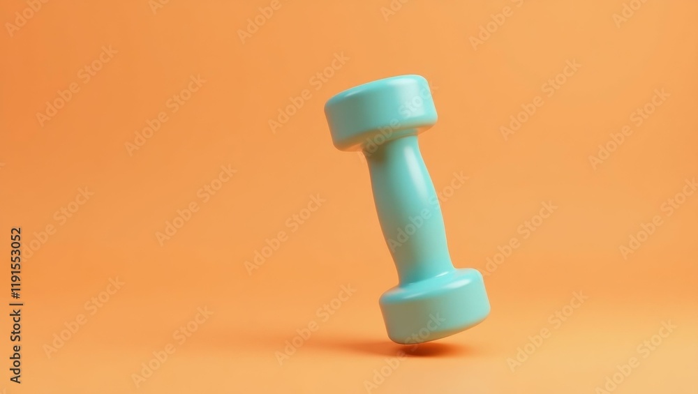 Poster turquoise dumbbell on right. soft orange background. copy space for text, 3d render ai generated des