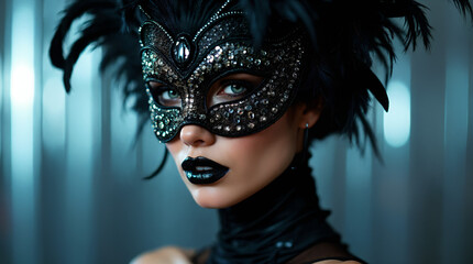 Mysterious Masquerade Elegance with Dark Feather Accents