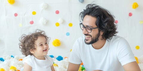 Joyful Connection Smiling Man and Child Interact Amidst Colorful Toys in Bright Setting