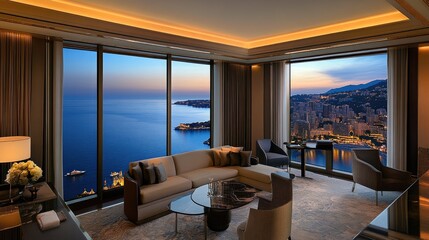 A luxury penthouse room with sleek, contemporary furnishings and an expansive sea view of Monaco at sunset.