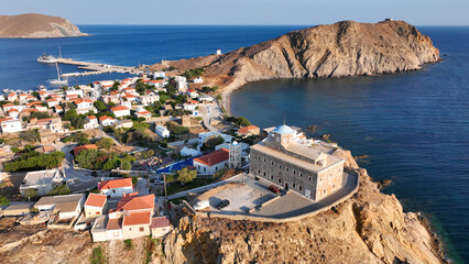 Aerial drone photo of picturesque and historic main village of Psara island featuring landmark...