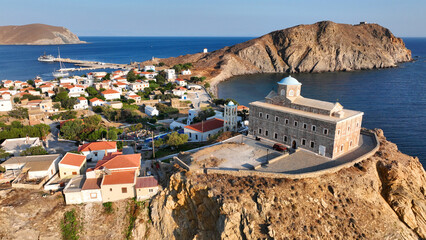 Aerial drone photo of picturesque and historic main village of Psara island featuring landmark...