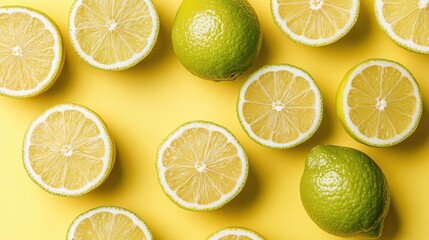 Fototapeta premium Limes and Lemon Halves Arranged on Yellow Background