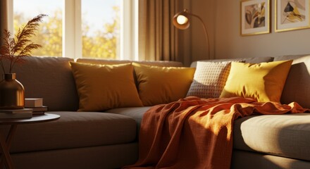 Cozy living room, warm sunlight, beige sofa, orange throw blanket, decorative pillows, wooden coffee table, vase with branches, curtains, framed artwork, soft lighting, autumn mood, interior design, c