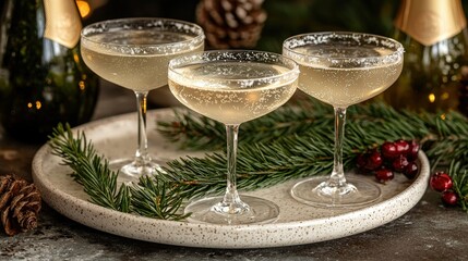 Festive Champagne Cocktails Garnished With Sugar And Pine