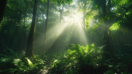 Obraz premium Sunbeams Illuminate Lush Tropical Rainforest Path
