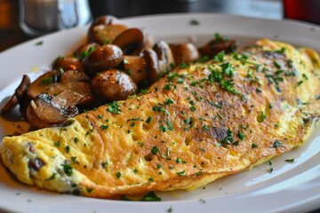Savory omelette served with sauteed mushrooms and garnished with fresh parsley, making a delicious and healthy breakfast or brunch option