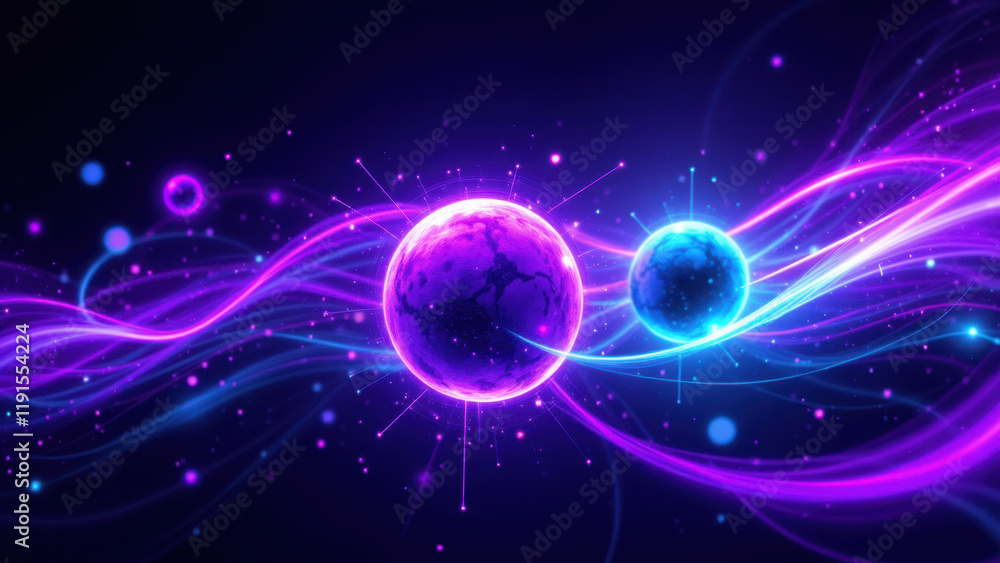 Poster vibrant abstract cosmic background with floating spheres and flowing energy waves.