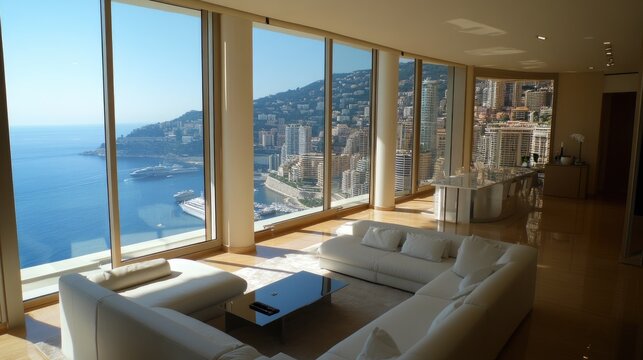 A minimalist penthouse living room with modern design and expansive glass windows overlooking Monacos coast.
