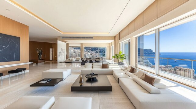 A minimalist penthouse living room with modern design and expansive glass windows overlooking Monacos coast.