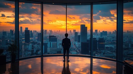 Businessman silhouetted against a vibrant cityscape sunset, viewed from a high-rise office.