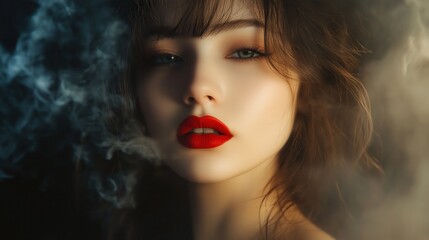Fototapeta premium A captivating young woman with bold red lips stands amidst smoky surroundings, her gaze intense and magnetic.