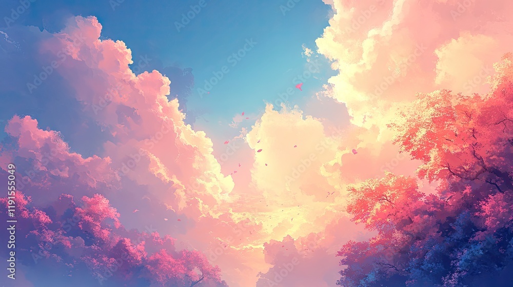 Poster a morning sky with subtle clouds illuminated by soft sunlight, creating a warm and serene atmosphere
