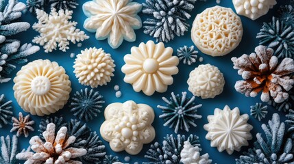 White Winter Floral And Snowflake Decorations On Blue