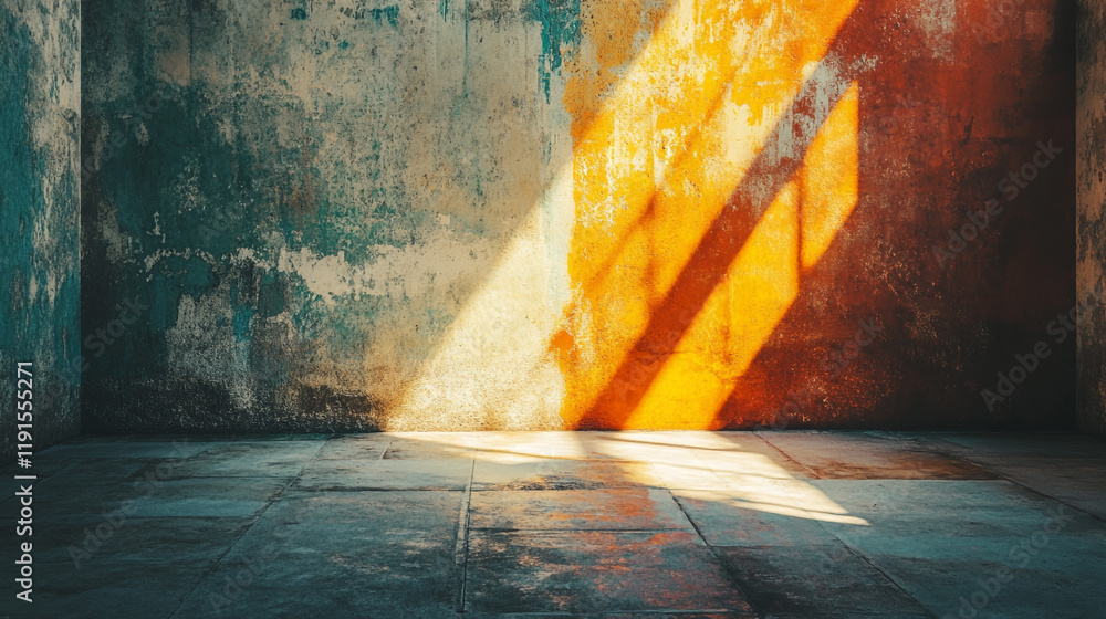 Poster light casting colorful shadows in an abandoned room with textured walls